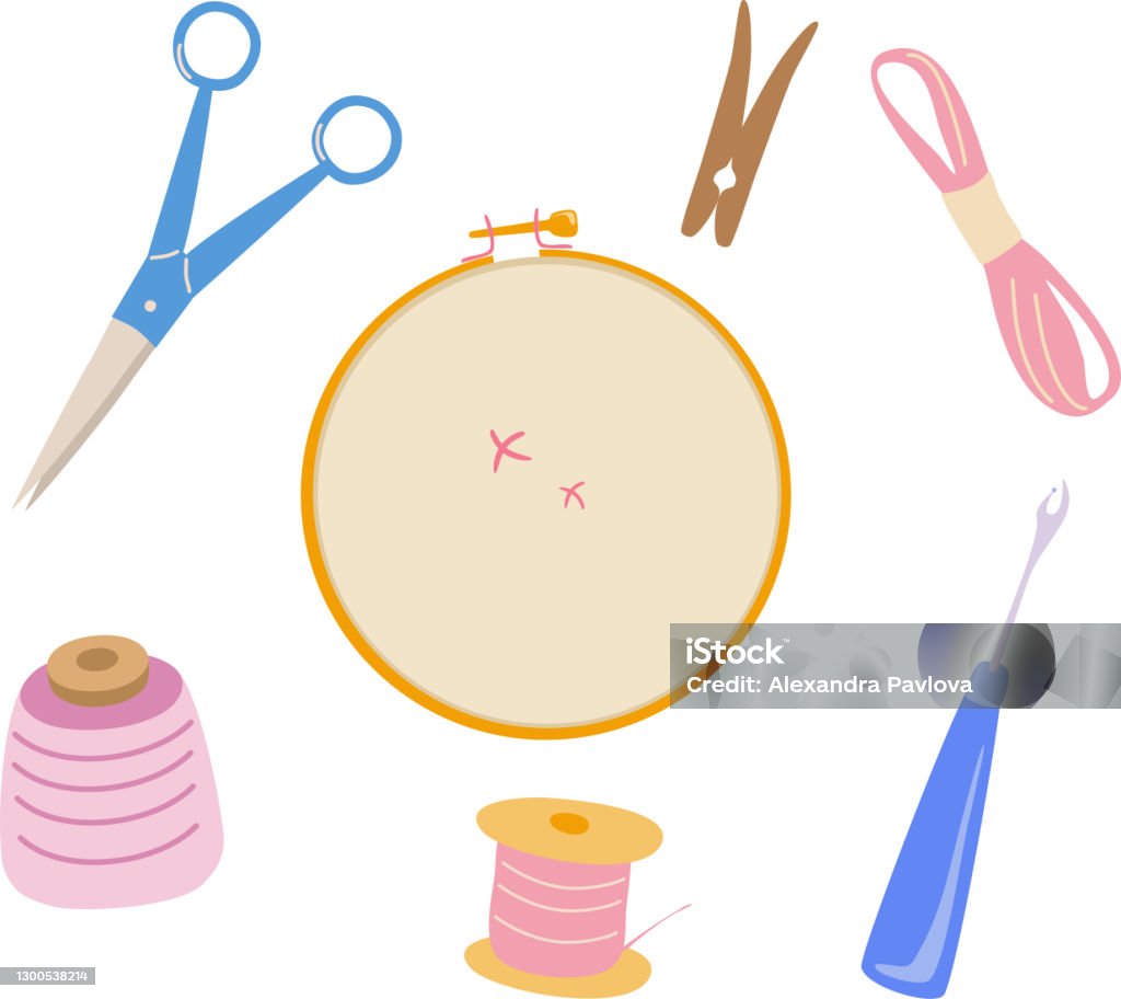 Vector Cartoon Set For Embroidery Needlework Various Embroidery Tools  Embroidery Hoop Scissors Stock Illustration - Download Image Now - iStock