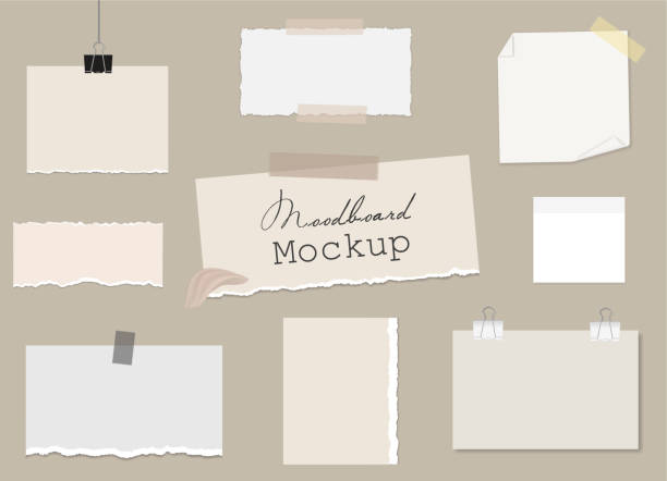 ilustrações de stock, clip art, desenhos animados e ícones de set of of different notes on sticky tape and binder clips, pieces of torn paper, reminder cards. mockup for modern design, presentation, social media. vector 3d realistic. blank template on a beige. - duct tape adhesive tape clipping path adhesive bandage