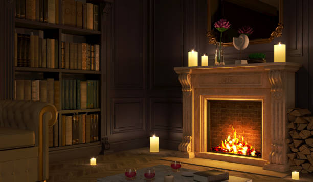 istock Classic fireplace in a vintage night room 1300540996