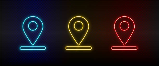 illustrazioni stock, clip art, cartoni animati e icone di tendenza di posizione del set di icone al neon, navigazione. icona del vettore neon rosso, blu e giallo - configure