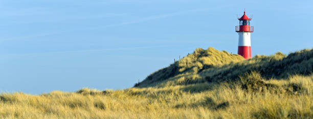 Red and whitr striped lighthouse and clear blue sky on island Sylt, Germany
