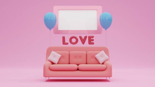 istock 3D Rendering Fashionable comfortable stylish pink fabric sofa with white picture frame and a balloon with the letter 
