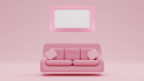 istock 3D Rendering Fashionable comfortable stylish pink fabric sofa with white picture frame on pink background Pink interior, showroom, furniture. Luxury couch front view 1300546723