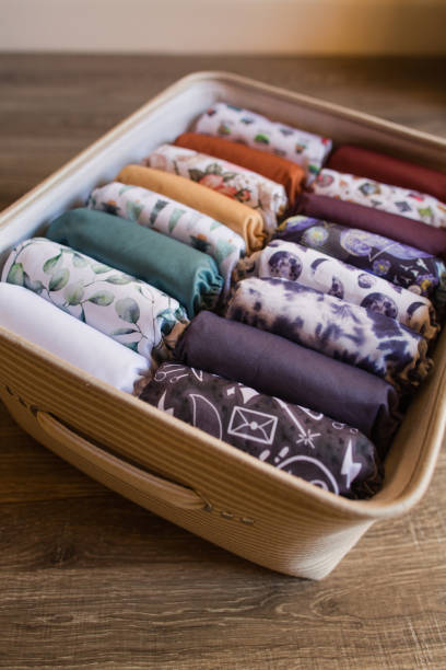 istock Modern & Colorful Reusable Cloth Diapers with a Neutral Background in Bright Natural Light 1300546840