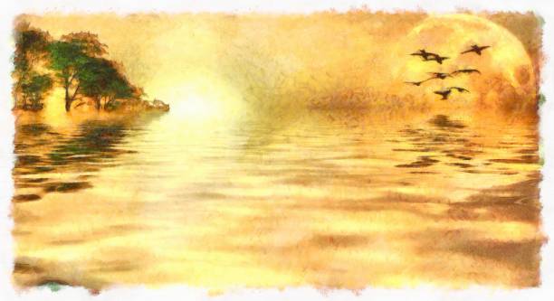 istock Beautiful sunset over lake 1300547529