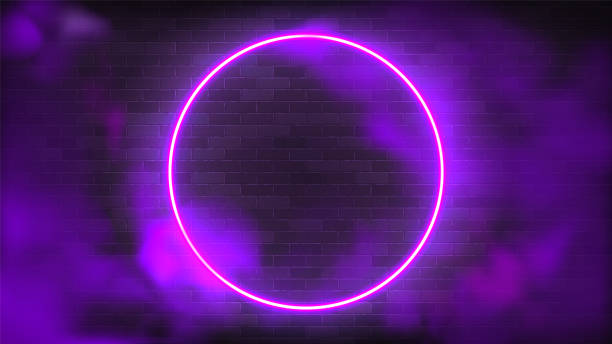 istock Neon ring on a violet background in fog and star dust vector illustration. Luminous round frame as a visualization of futuristic cyber space. Circle in smoke concept for for virtual reality. 1300548150