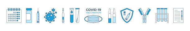 Set of icons COVID-19 vaccination, calendar, ampoules of vaccine, syringe, coronavirus, calendar, shield, test, blood test tube, thermometer and antibody. A medical designe elements in shades of blue. Vector illustration isolated on a white background. Set of icons COVID-19 vaccination, calendar, ampoules of vaccine, syringe, coronavirus, calendar, shield, test, blood test tube, thermometer and antibody. A medical designe elements in shades of blue. Vector illustration isolated on a white background medical research blood stock illustrations