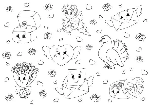 Vector illustration of Coloring book for kids. Valentine's Day clipart. Cheerful characters. Vector illustration. Cute cartoon style. Black contour silhouette. Isolated on white background.