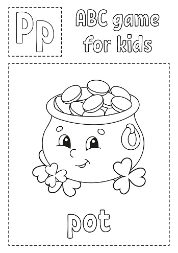 ABC game for kids. Alphabet coloring page. Cartoon character. Word and letter. St. Patrick's day. Vector illustration.