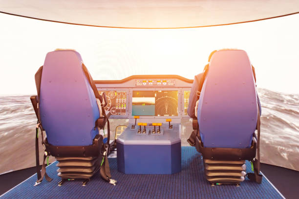 istock Simulator of a ship, boat, water transport. Captain's control cabin, training. 1300551214
