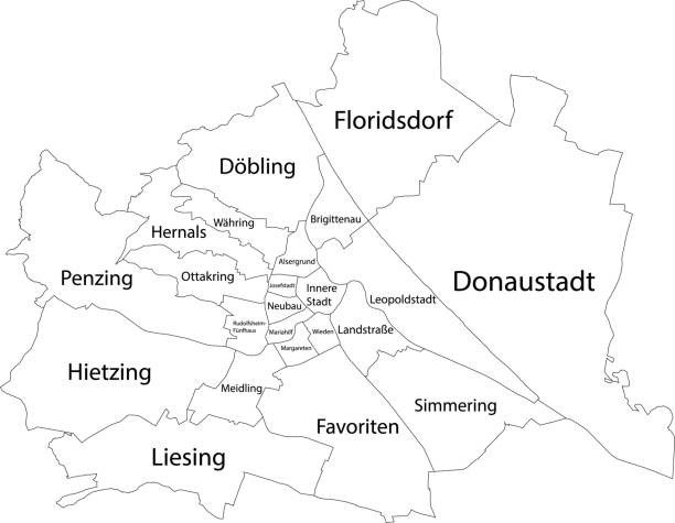 ilustrações de stock, clip art, desenhos animados e ícones de white map of districts of vienna, austria - austria vienna map horizontal