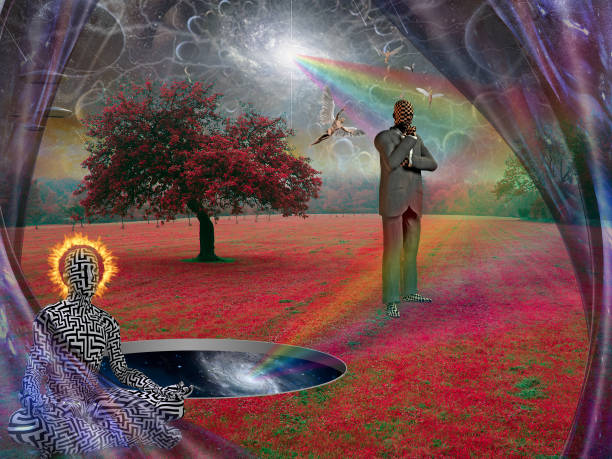 istock Meditation. Man in lotus pose with burning halo 1300552277