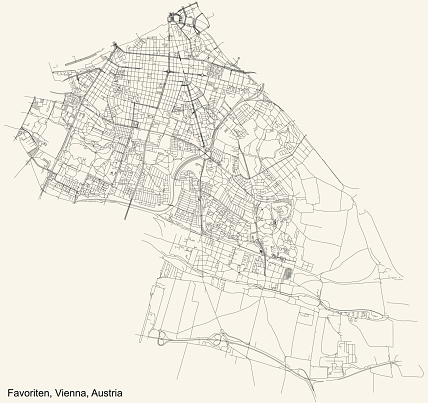 Black simple detailed street roads map on vintage beige background of the neighbourhood Favoriten district of Vienna, Austria