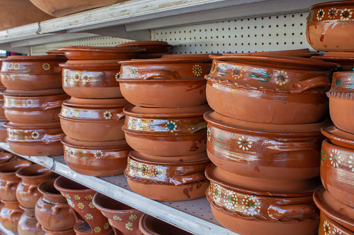 traditional mexican clay pots in market, for mexican food