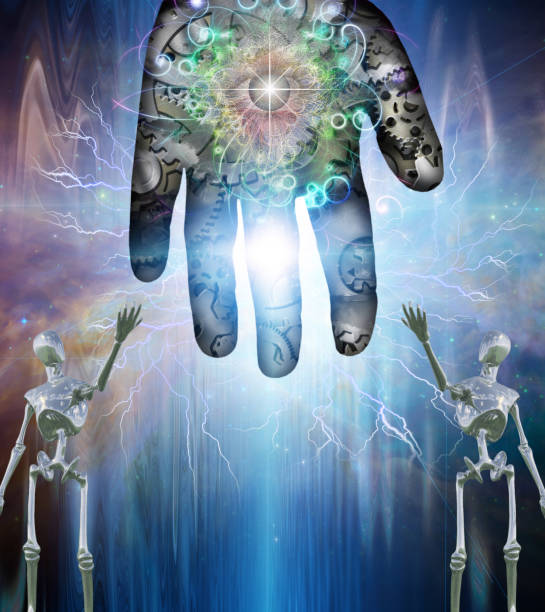 istock Machine God. Human palm and cog wheels 1300553490