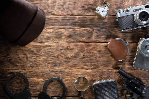 Detective table. Detective agent desk table flat lay background with copy space. wallet gun stock pictures, royalty-free photos & images