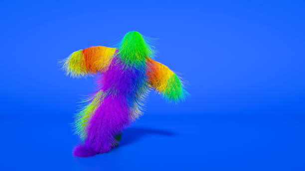 istock Funny hairy multicolored monster man character dancing . Furry beast having dancing, fur bright funny fluffy character, snowman, motion design. 3d rendering. 1300554870