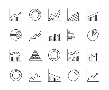 Statistics - line icon set. Collection of 20 graphs, charts, diagrams...