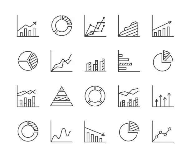 Vector illustration of Statistics - line icon set. Collection of 20 graphs, charts, diagrams... Infographics, data analysis, stats tools. Isolated on white background. Vector illustration.