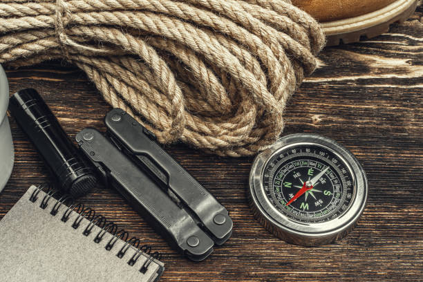 istock travel hiking equipment tools, view from above 1300558442