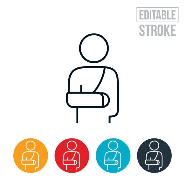 Person With Broken Arm Thin Line Icon - Editable Stroke An icon of a person with a broken arm in a sling. The icon includes editable strokes or outlines using the EPS vector file. arm sling stock illustrations