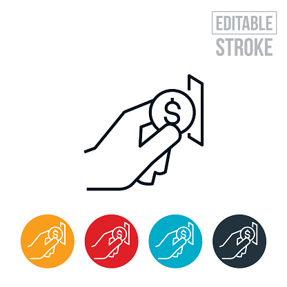 An icon of a hand placing a coin in a coin slot of a coin operated machine. The icon includes editable strokes or outlines using the EPS vector file.
