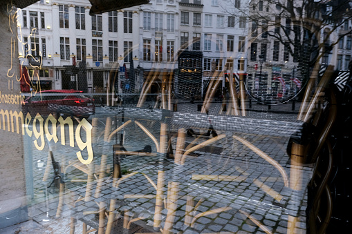 Stack of chairs and tables of closed Restaurant amid the pandemic of the coronavirus disease in Brussels, Belgium on Feb. 5 2020.