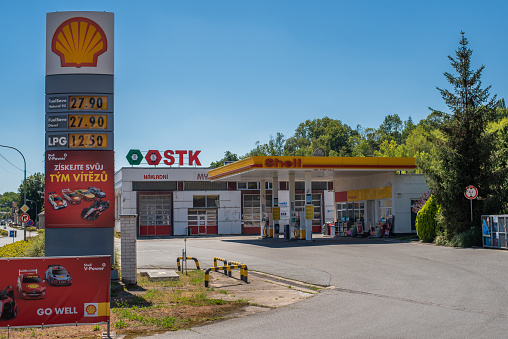 Central Bohemia, Czech Republic, 09-11-2020. Gas station in Prague and in the outskirts (Bohemia region), on a sunny day