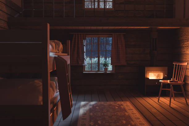 rendering 3d di interni accoglienti chalet con letto a castello in legno e camino - cabin indoors rustic bedroom foto e immagini stock