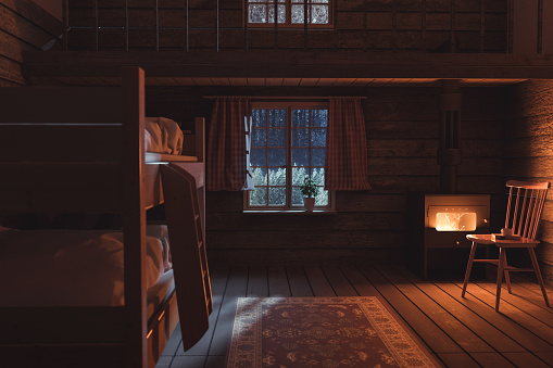 3d rendering of cozy chalet interior with wooden bunk bed and chimney fire