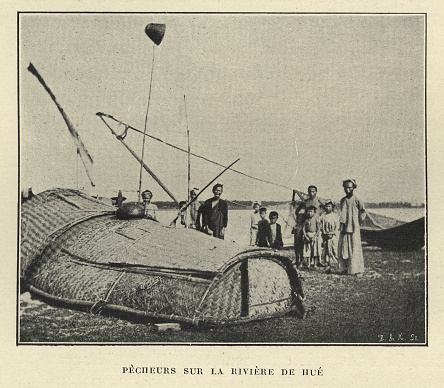 Antique photograph of Fishermen on the Hue River, Vietnam, 19th Century