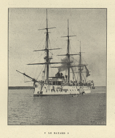 Antique historical photographs from the US Navy and Army, the Maria Teresa after surrendering stuck on the bottom from the 1890's.