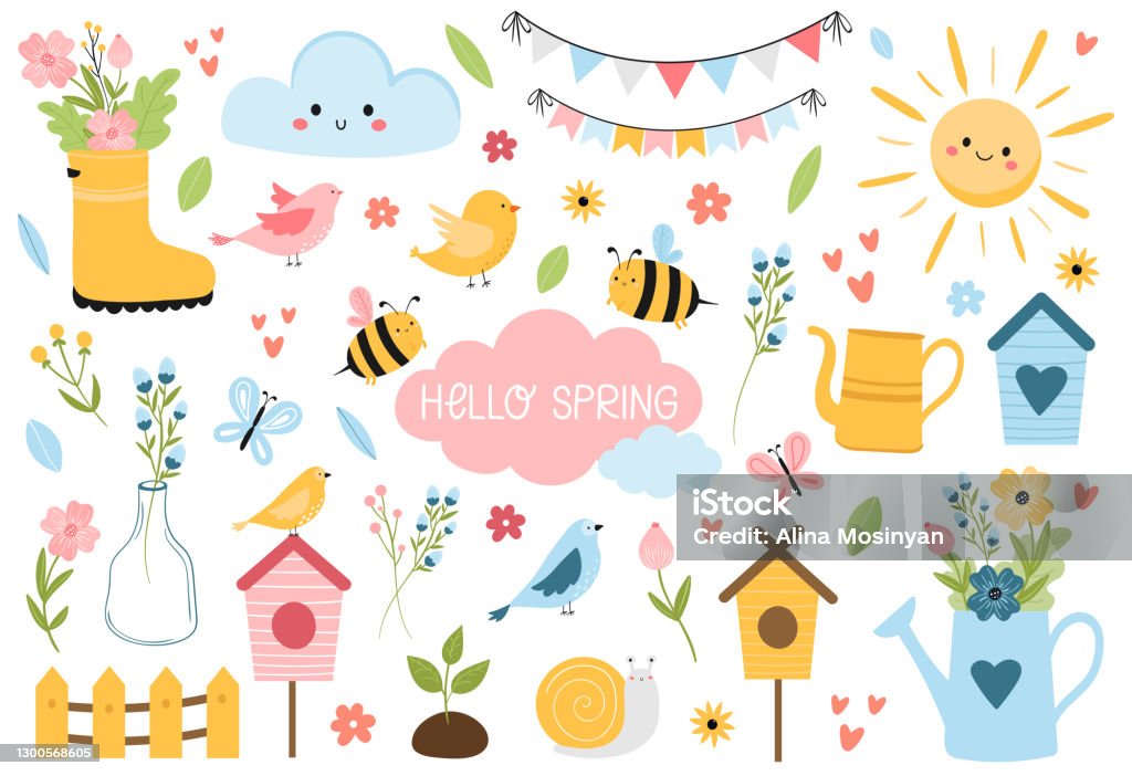 Hello Spring Elements Set Hand Drawn Cartoon Style Vector Illustration  Stock Illustration - Download Image Now - iStock