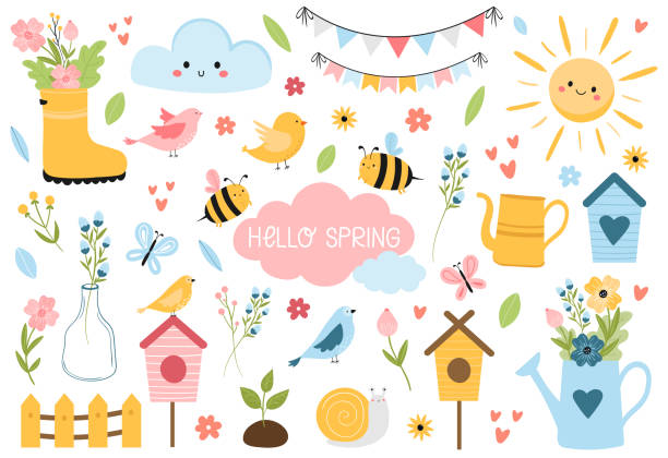 Hello Spring elements set. Hand drawn, cartoon style vector illustration Hello Spring set with lettering, birds, bees, flowers, birdhouses, sun, and other. Hand drawn, cartoon style vector illustration isolated on white. For kids cards,web, poster, invitation, sticker kit. flower clipart stock illustrations