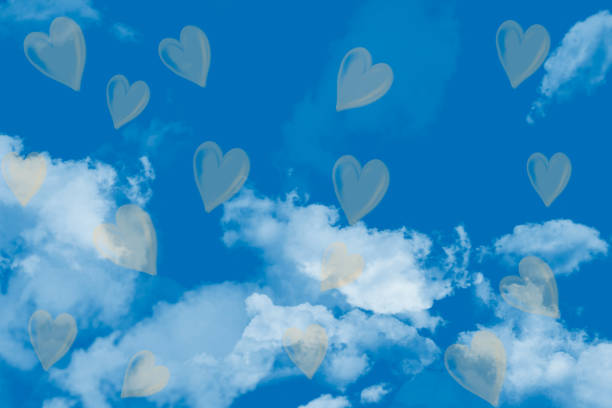 istock Blue sky with white clouds, hearts and clouds . Digital art painting design elements for Valentineâs Day. 1300569665