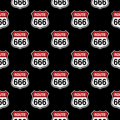 Vector seamless pattern of route 666 road signs on a black square background.