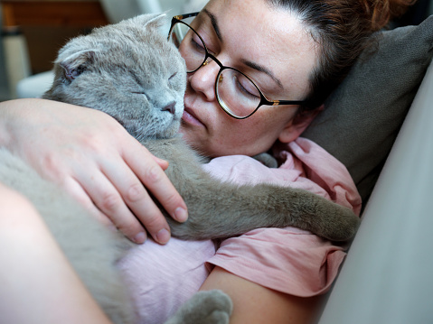 Woman and cute Scottish fold cat relaxing on a sofa