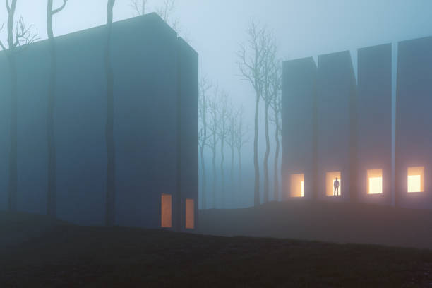 istock Surreal dark buildings in the forest 1300574353