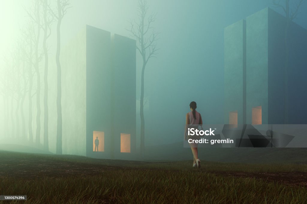 Surreal dark buildings in the forest Surreal dark buildings in the forest. This is entirely 3D generated image. Landscape - Scenery Stock Photo