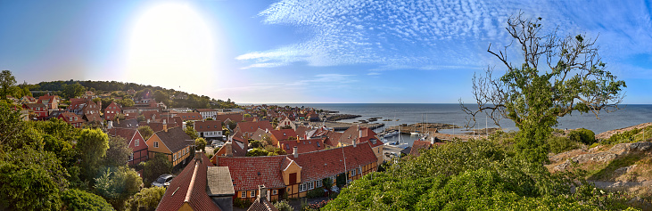 Panoramic view on Gudhjem and Baltic sea, Bornholm island, Denmark.