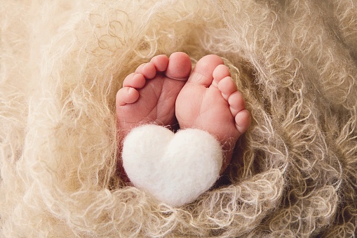 A close up image of a newborn's tiny feet, with a small, felted heart.