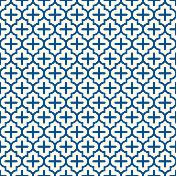 Vector illustration of Seamless surface print with ogee ornament. Oriental traditional pattern with repeated mosaic tile Moroccan crosses motif