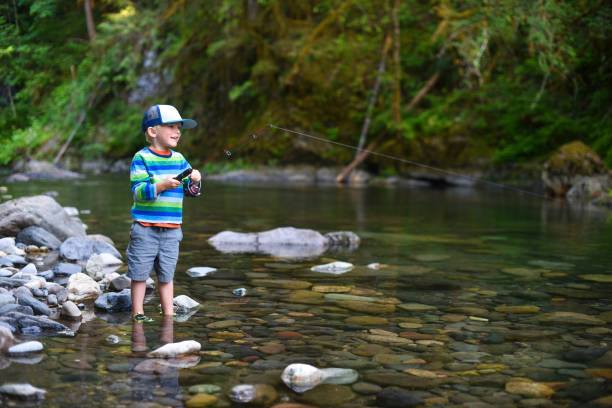 A young boy wading in shallow water fishing in stream. South Santiam River, Willamette National Forest, Oregon.
