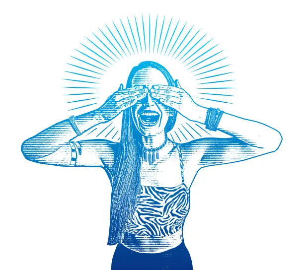 Vector illustration of Excited young woman covering her eyes and laughing