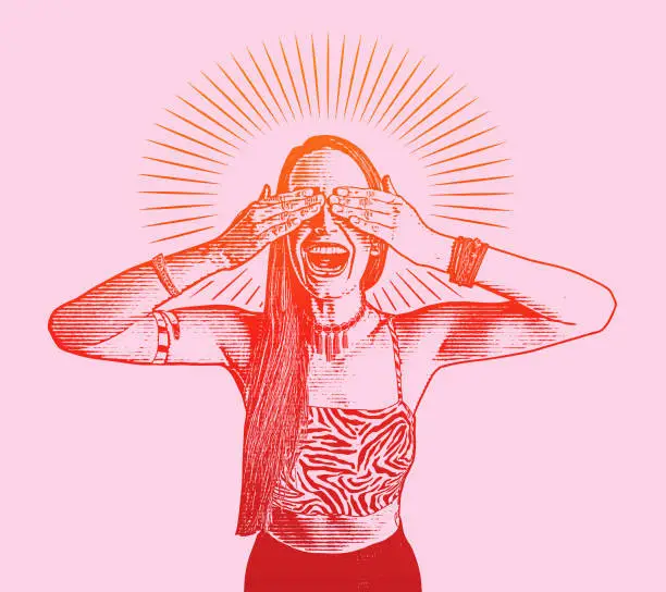 Vector illustration of Excited young woman covering her eyes and laughing