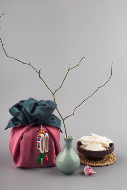 istock Korean traditional wrapping cloth gift box on the gray background. 1300591906