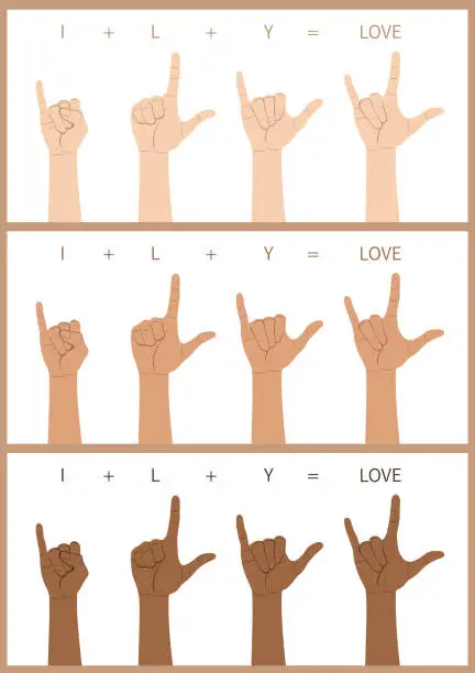 Vector illustration of Multi-Ethnic hands show I Love You in American Sign Language