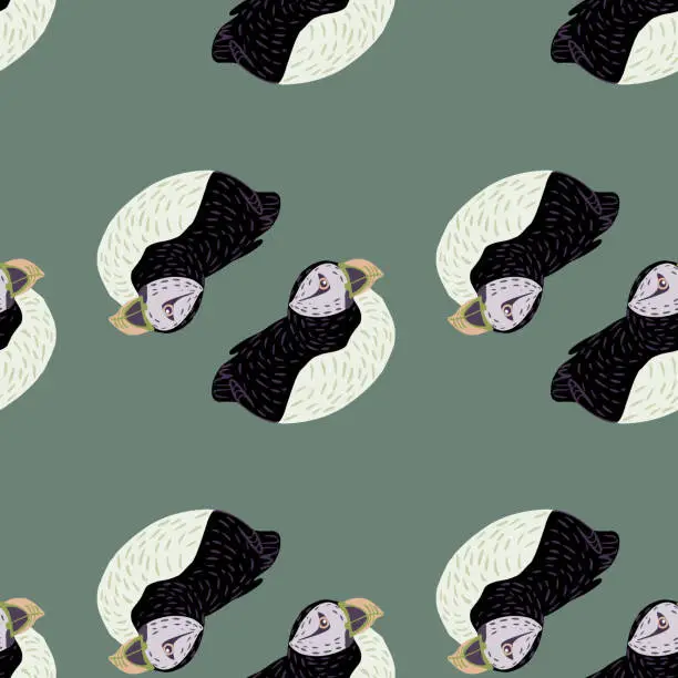 Vector illustration of ABstract tropic arctic animal seamless pattern with black and white colored puffin shapes. Pale blue background.