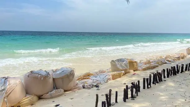 Sand big bag used for Wave Protection or Shoreline Beach Erosion Control.Thailand Andamansea