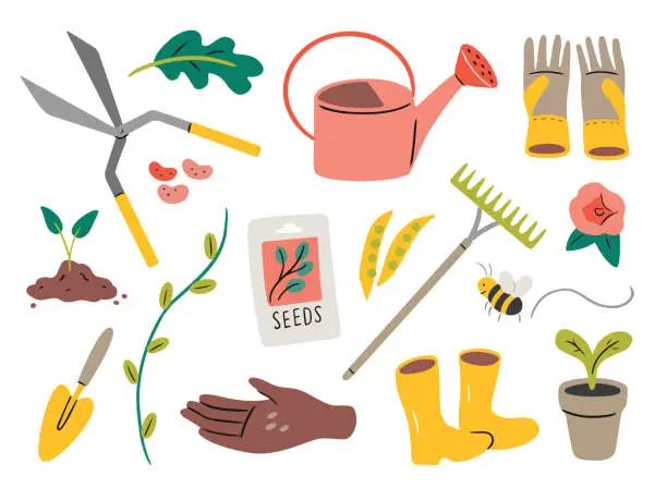 Vector illustration of Illustration of gardening elements — hand-drawn vector elements